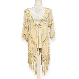 It Girl Boho Crochet Fringe Kimono Top Women L Cream Festival Beach Cover Up